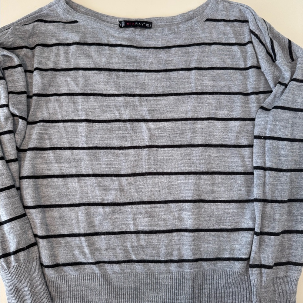 Gray and Black Striped Off-the-Shoulder Sweater